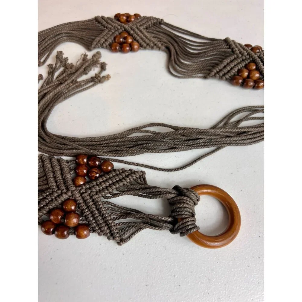 Brown Woven Boho Tie Belt Wood Beads Women's One Size (See Measurements)